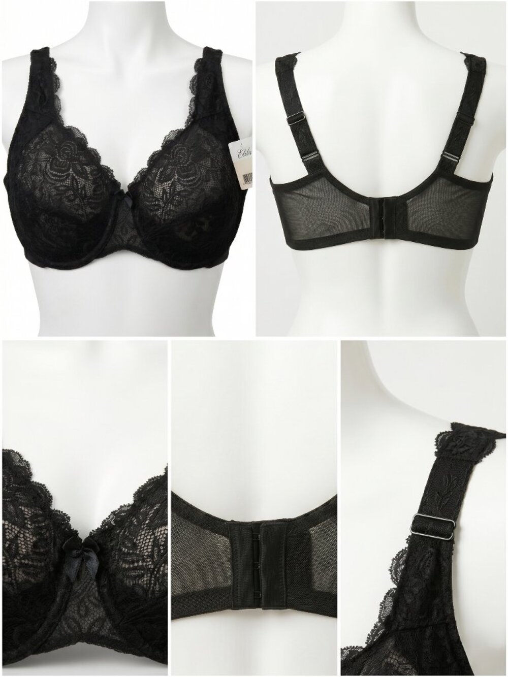 Elila Black Stretch Lace Underwire Bra 40D Style 2309 NWT Full Coverage